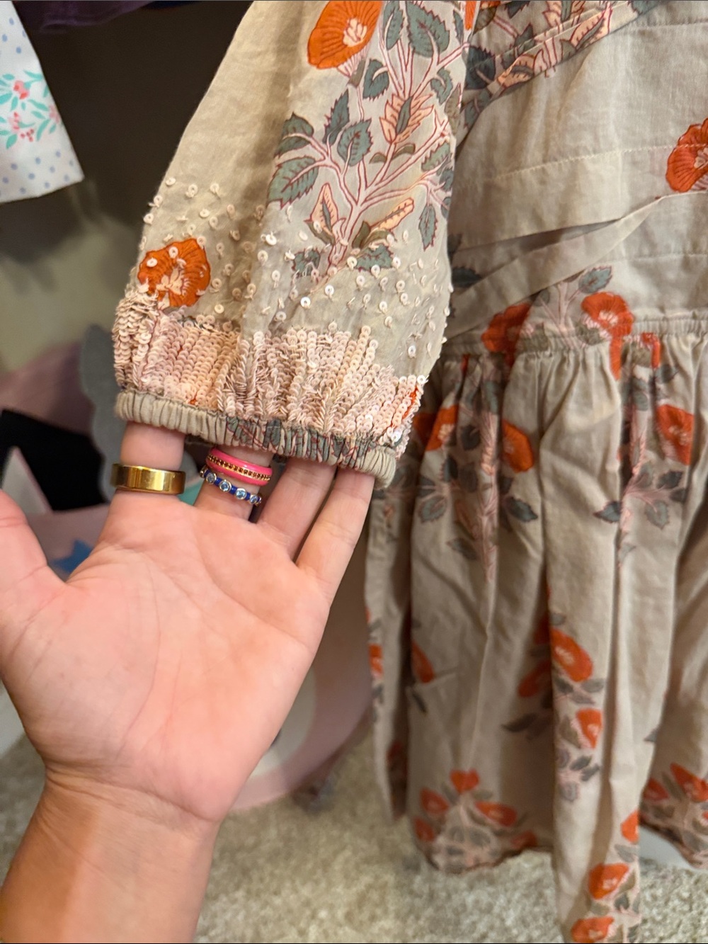 Pink Chicken Beige Dress with Orange Floral Print - Picture 2 of 3